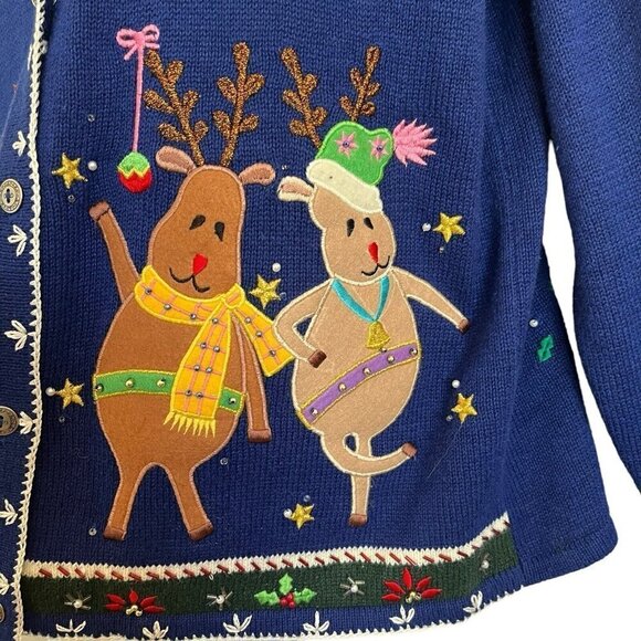 Vtg Arriviste Women Large Dancing Reindeer Ugly Christmas Sweater Cardigan Blue - Picture 9 of 13